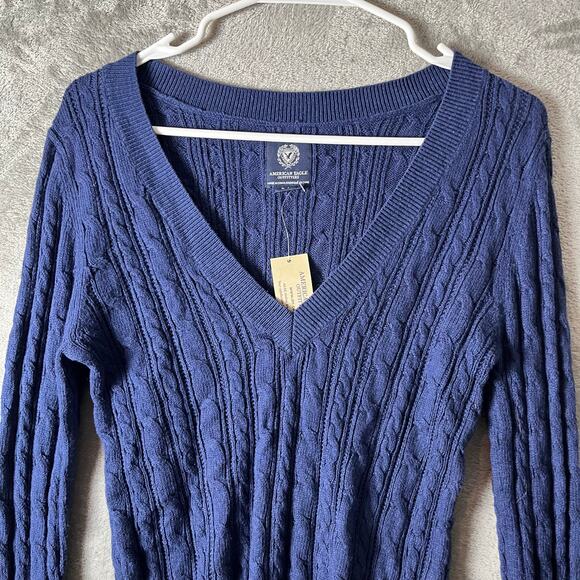 American Eagle Navy Y2K Preppy Cable Knit Sweater Classic Preppy Size Large New - Picture 6 of 6